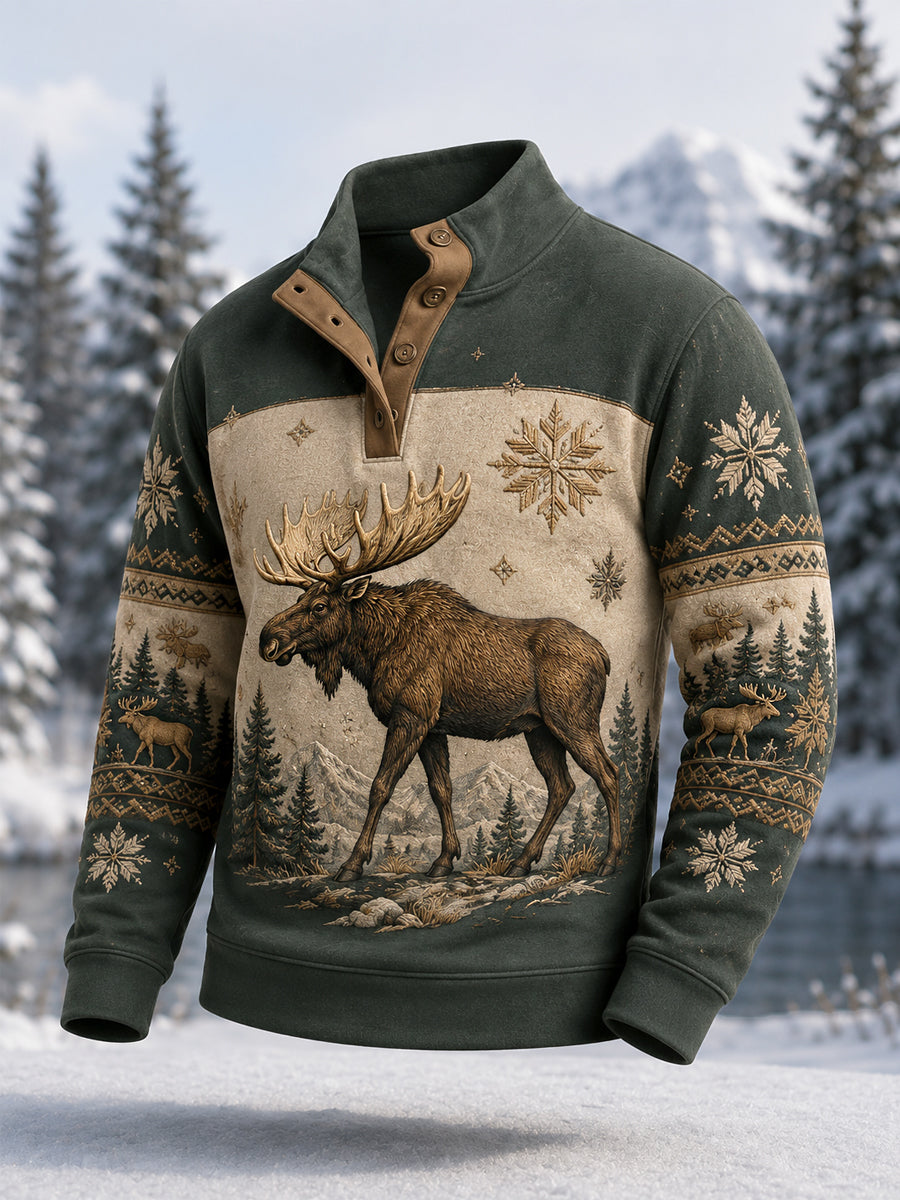 Pull décontracté à boutons pour homme, motif orignal, collection hiver
