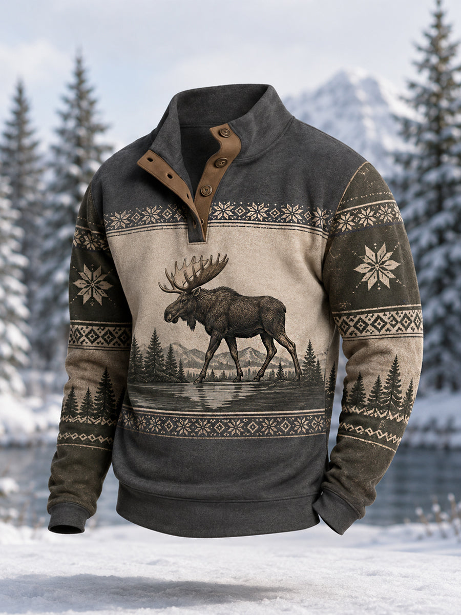 Pull décontracté hiver pour homme à imprimé orignal