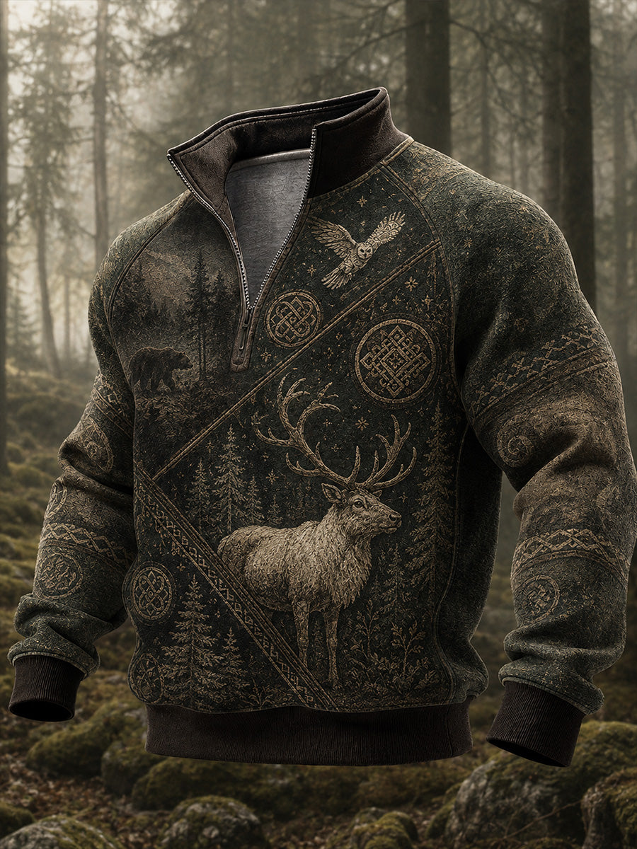 Rétro Nordic Art Print Casual Confortable Zip-Up Sweatshirt