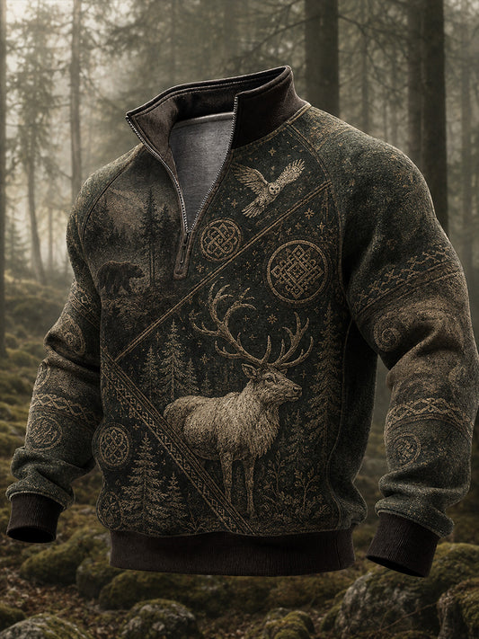 Rétro Nordic Art Print Casual Confortable Zip-Up Sweatshirt