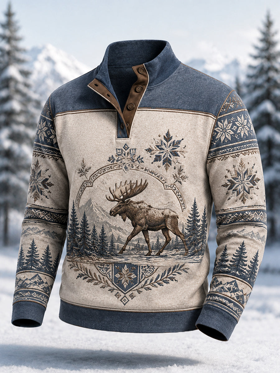 Pull décontracté à boutons pour homme, motif orignal, collection hiver