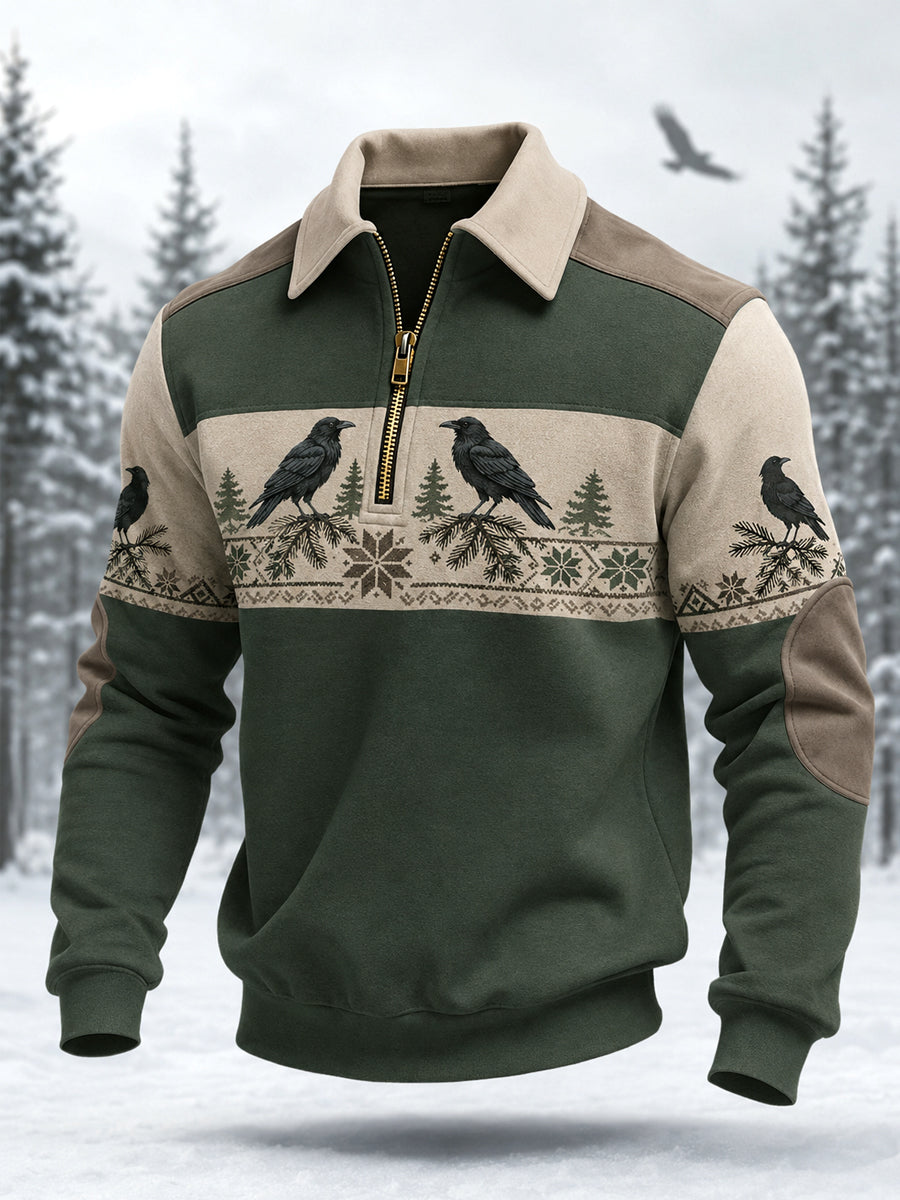 Pull décontracté à fermeture éclair pour homme, motif corbeau