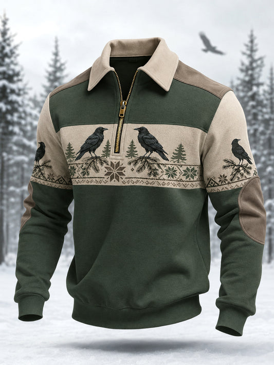 Pull décontracté à fermeture éclair pour homme, motif corbeau