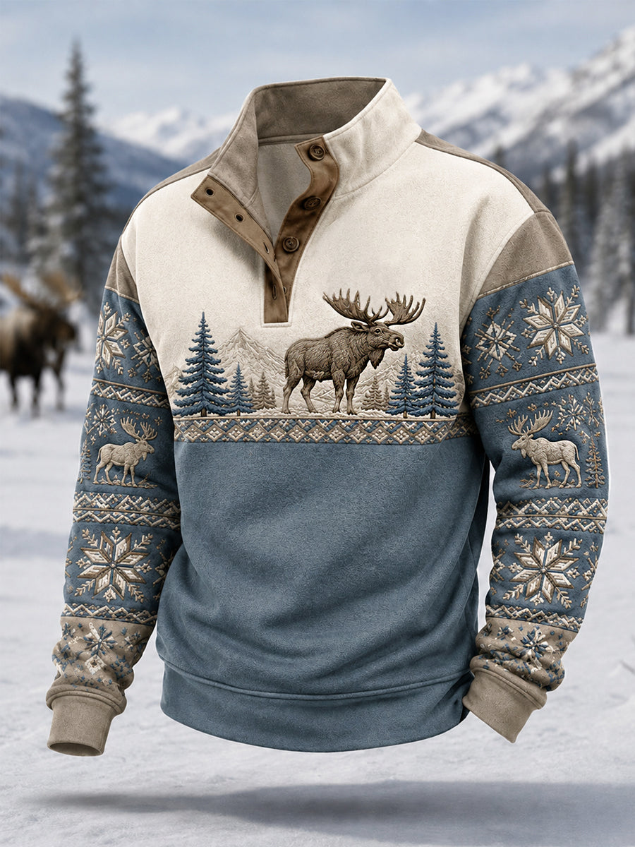 Pull décontracté à boutons pour homme, motif orignal, collection hiver