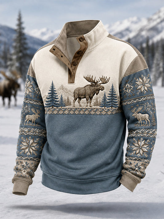 Pull décontracté à boutons pour homme, motif orignal, collection hiver