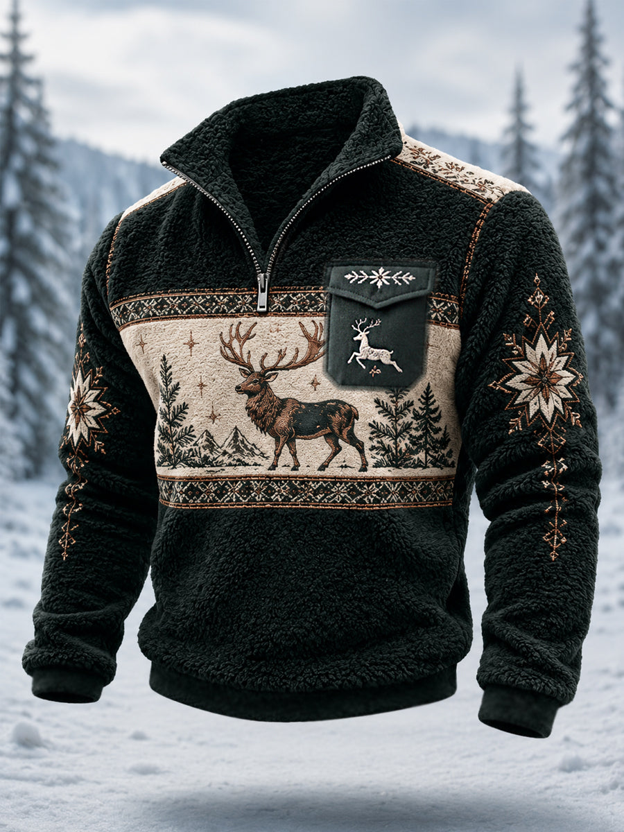 Pull zippé en peluche au motif traditionnel nordique avec rennes pour homme