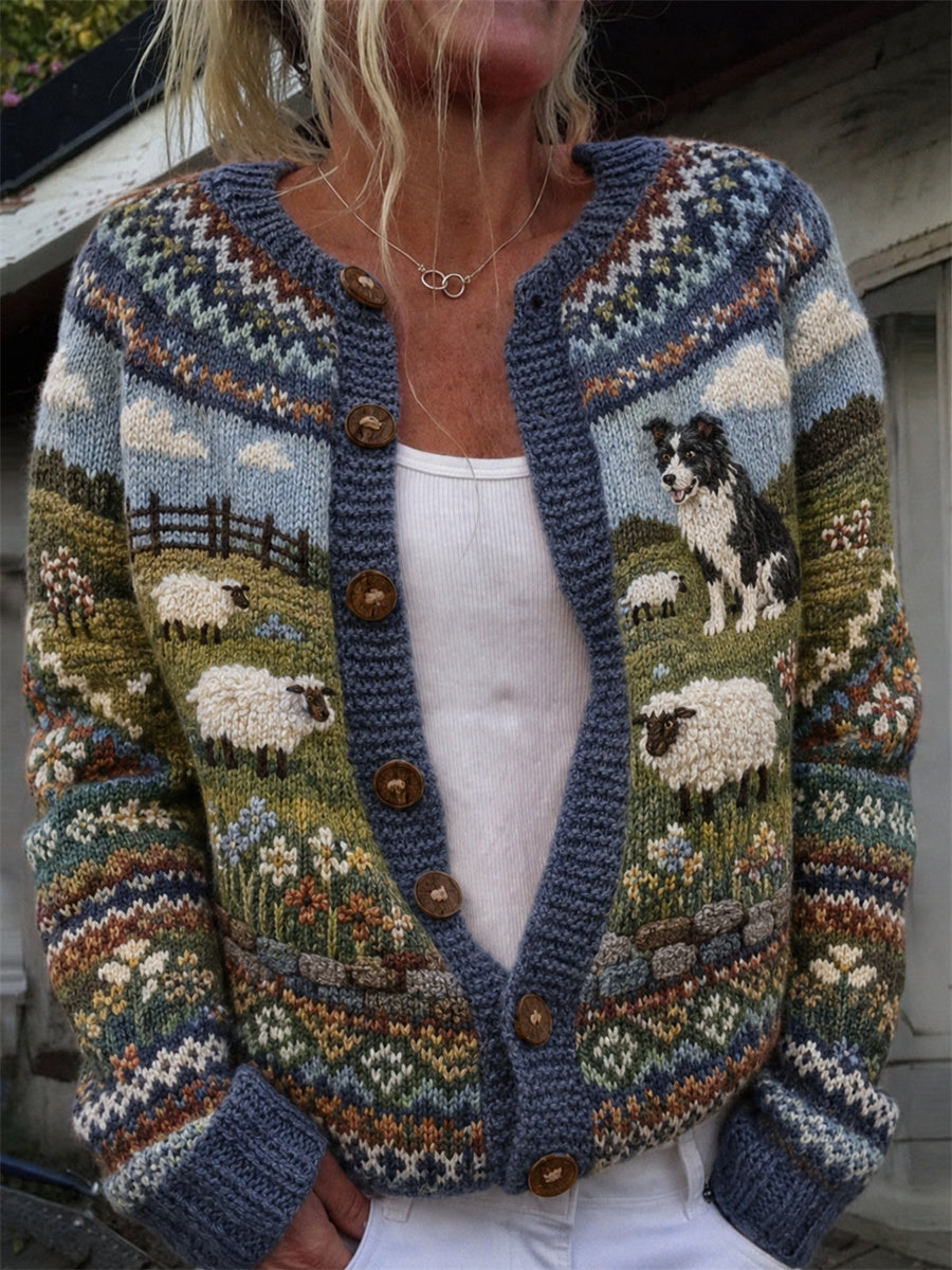 Veste en maille style cardigan pour femme, motif vintage représentant un paysage de ferme avec border collie et moutons sur l’île
