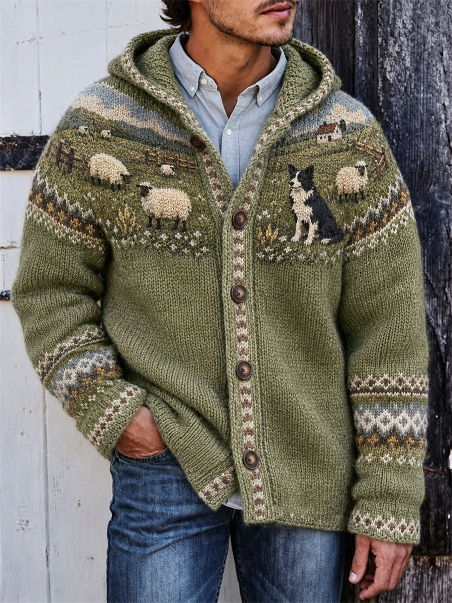 Homme Vintage Farm Border Collie & Mouton Empiècement Isle Imprimer Cardigan à capuche