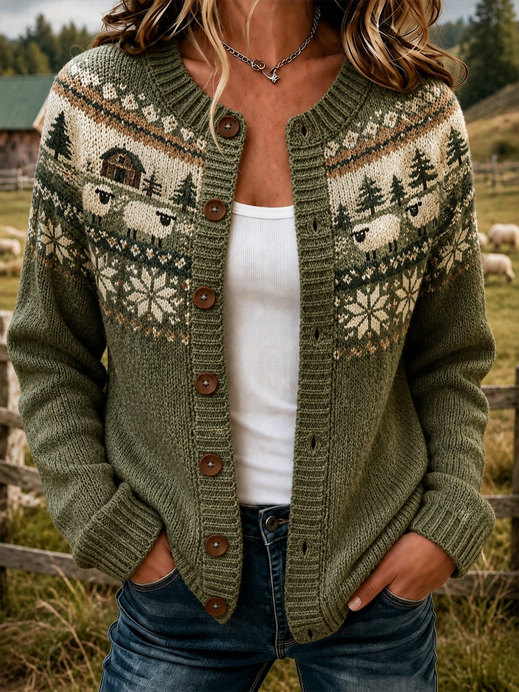 Veste en maille décontractée, style cardigan, ornée d’un motif de brebis pour femme