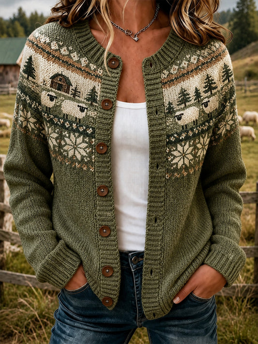 Veste en maille décontractée, style cardigan, ornée d’un motif de brebis pour femme