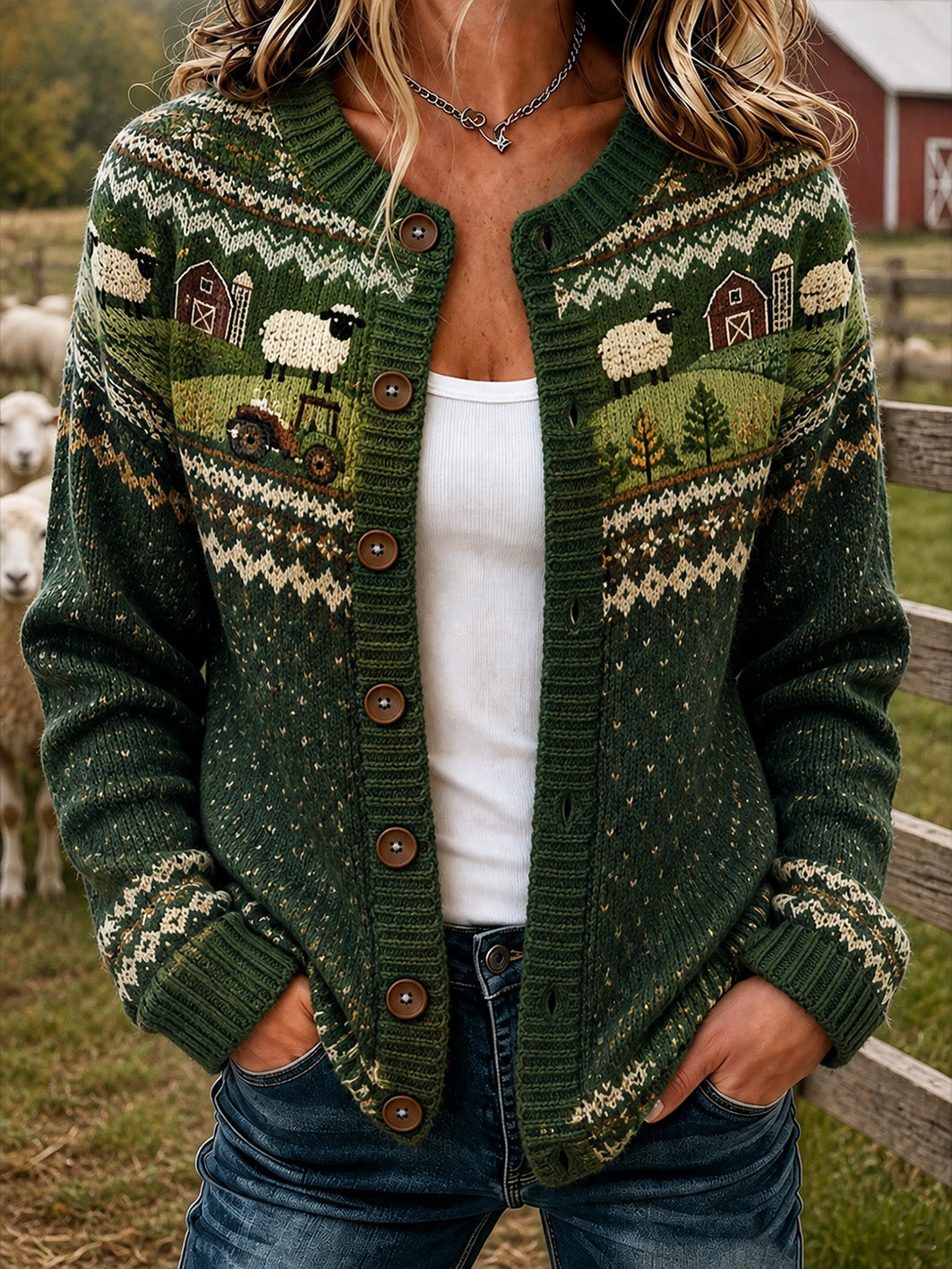 Veste en maille décontractée, style cardigan, ornée d’un motif de brebis pour femme
