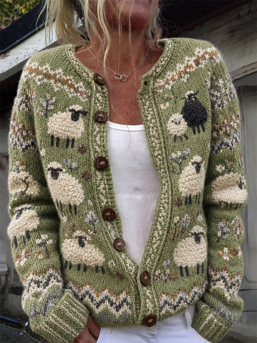 Cardigan douillet pour femme, style vintage, motif mouton moelleux de ferme