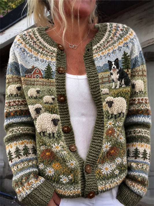 Veste en maille style cardigan pour femme, motif vintage représentant un paysage de ferme avec border collie et moutons sur l’île