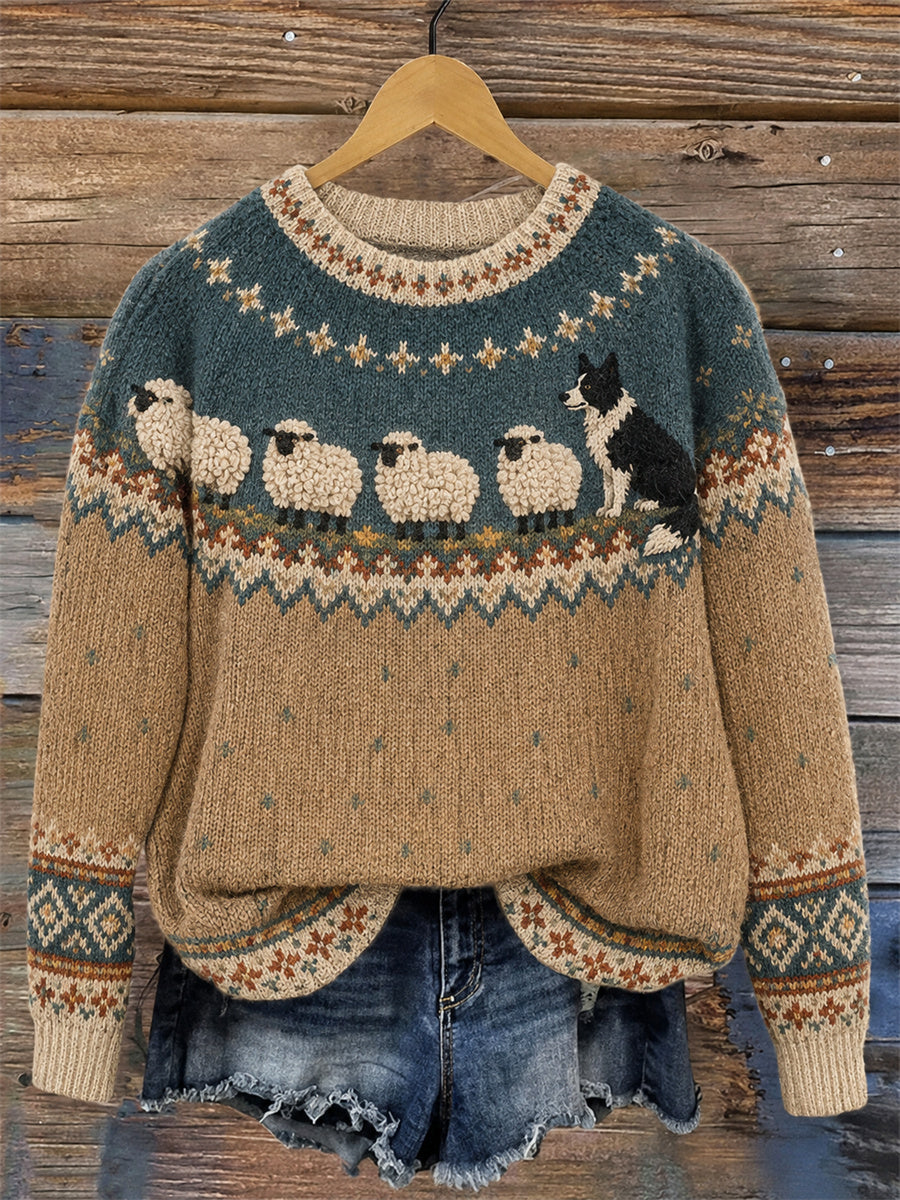 Pull col rond confortable pour femme, motif bordier avec colley et moutons de l’île