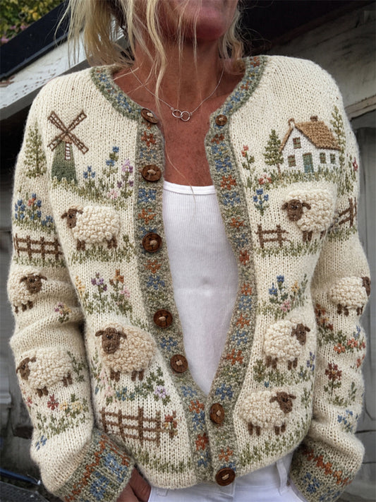 Cardigan confortable pour femme, style rétro, motif floral avec moutons douillets et imprimé île