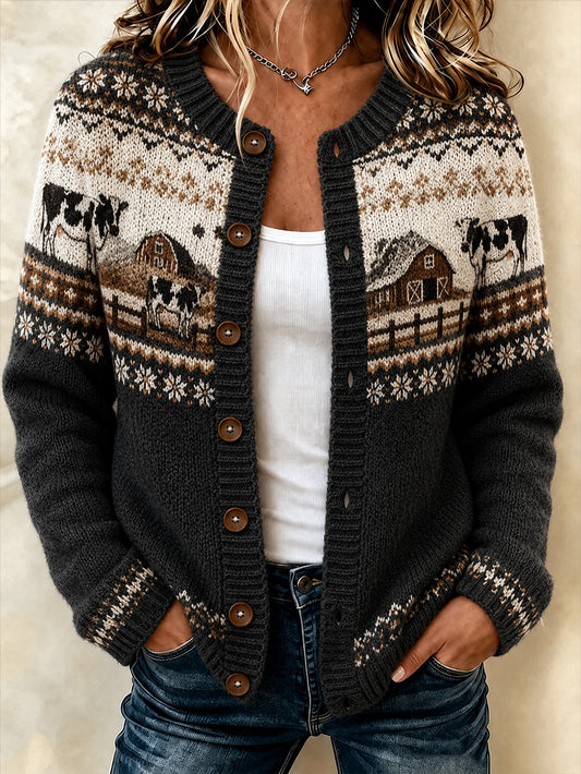 Veste en maille décontractée à boutonnage croisé, imprimée d’un motif vache de ferme pour femme