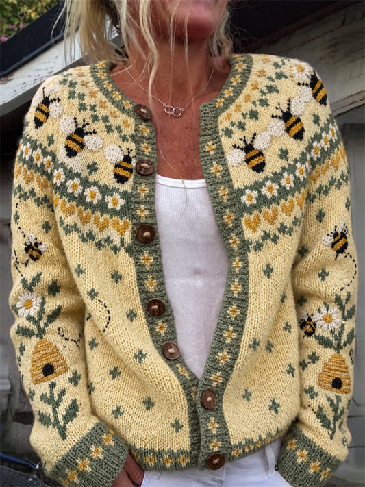 Veste en tricot style cardigan pour femme à imprimé floral bees farm