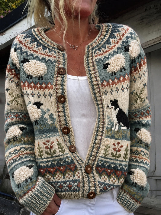 Cardigan confortable pour femme, imprimé vintage avec bordure représentant un border collie et des moutons tout doux