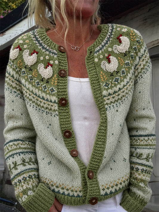 Cardigan douillet pour femme, imprimé coqs de ferme vintage de Yoke Isle