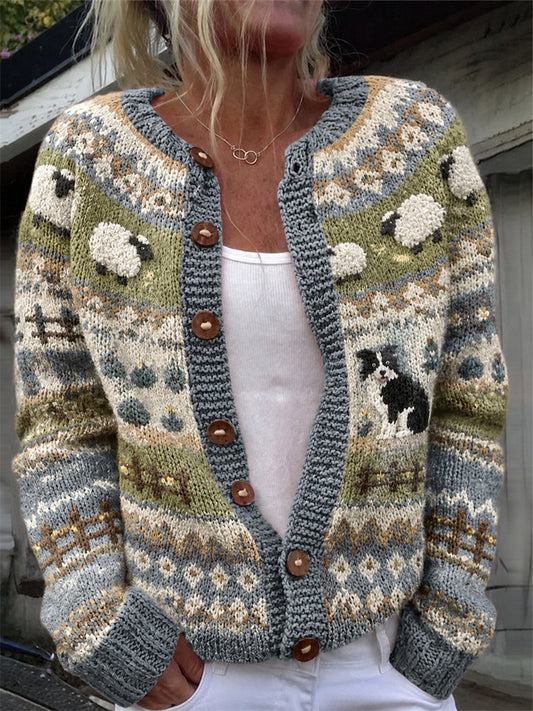 Cardigan confortable pour femme, imprimé vintage avec bordure représentant un border collie et des moutons tout doux