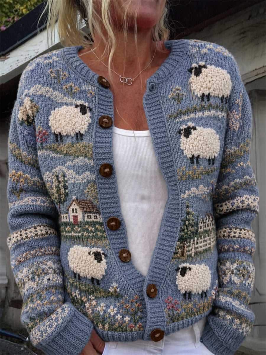Veste en tricot style cardigan pour femme Vintage Sheep Farm Landscape Isle Print