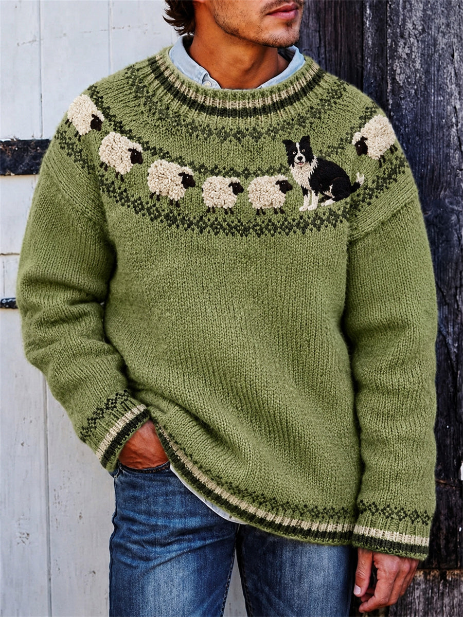 Pull Homme Vintage Farm Border Collie & Sheep Yoke Isle Imprimé