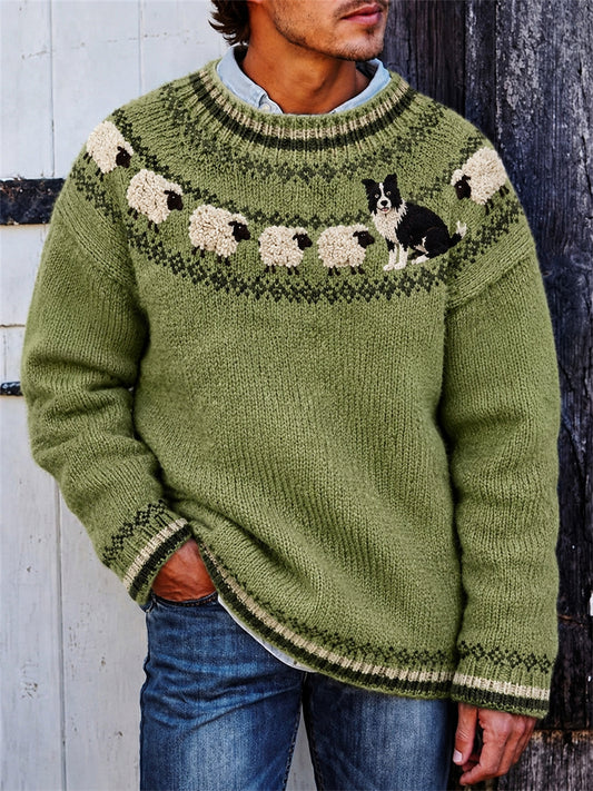 Pull Homme Vintage Farm Border Collie & Sheep Yoke Isle Imprimé