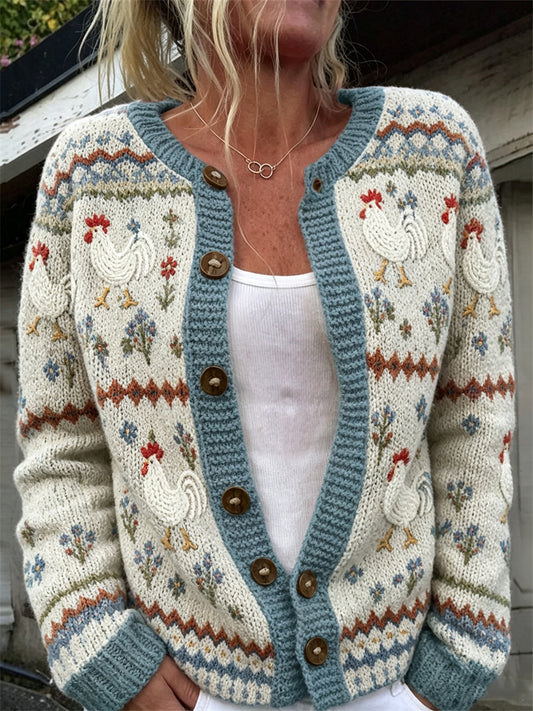 Cardigan confortable pour femme, style vintage, motifs floraux et coqs de ferme