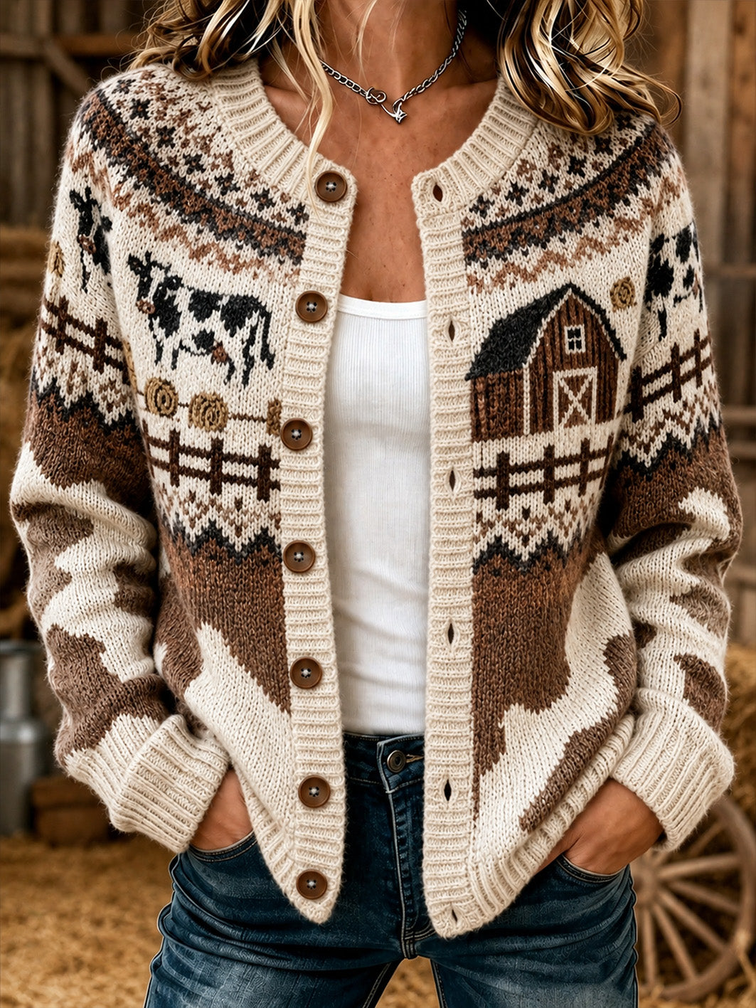 Veste en maille décontractée à boutonnage croisé, imprimée d’un motif vache de ferme pour femme