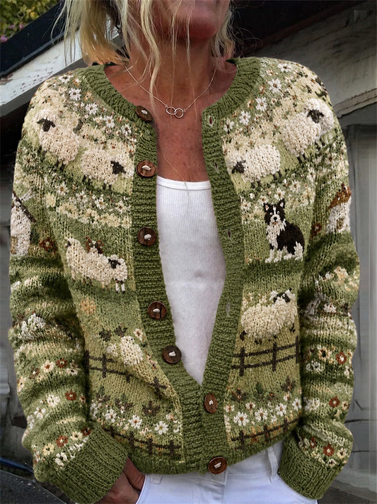 Cardigan confortable pour femme, imprimé vintage avec bordure représentant un border collie et des moutons tout doux