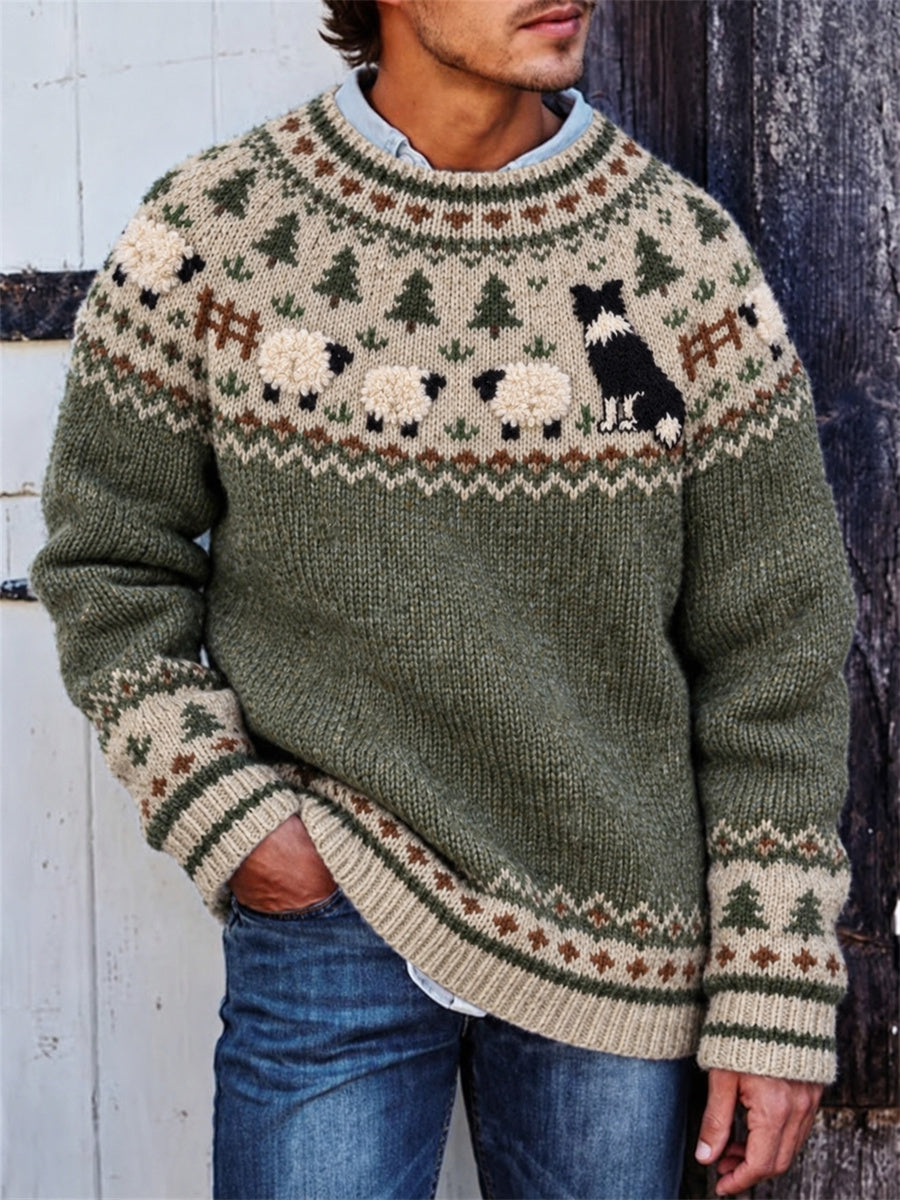 Pull pour homme au style vintage, motif Isle avec border collie et moutons près d’une ferme
