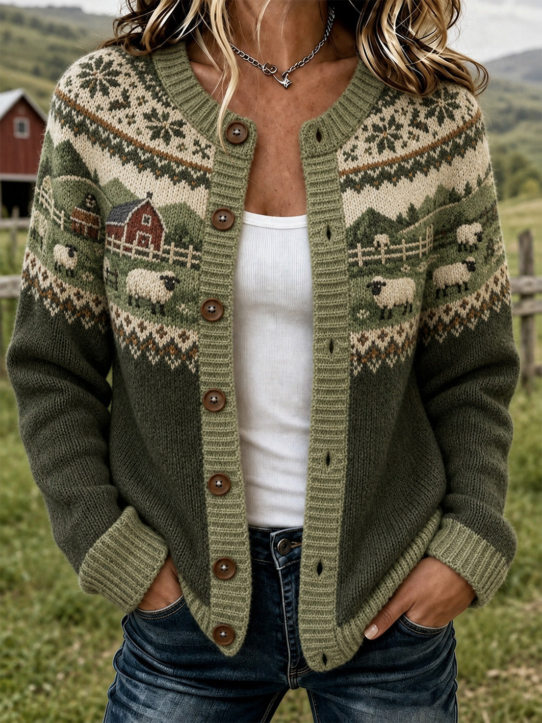 Veste en maille décontractée, style cardigan, ornée d’un motif de brebis pour femme