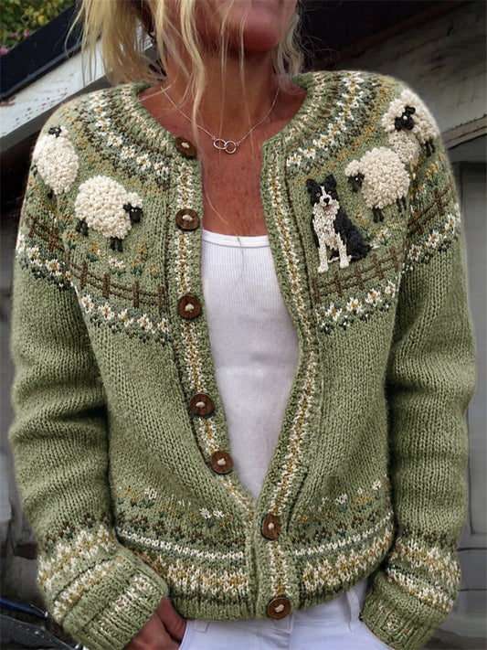 Cardigan confortable pour femme, imprimé vintage avec bordure fermière, border collie et moutons tout doux