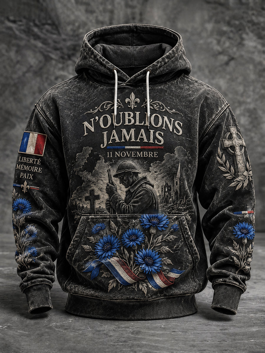 Sweat à capuche oversize imprimé «Armistice du 11 Novembre» pour homme, à épaules tombantes et avec poches