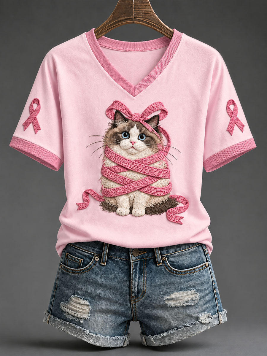 T-shirt décontracté imprimé chat ragdoll ruban rose pour femme