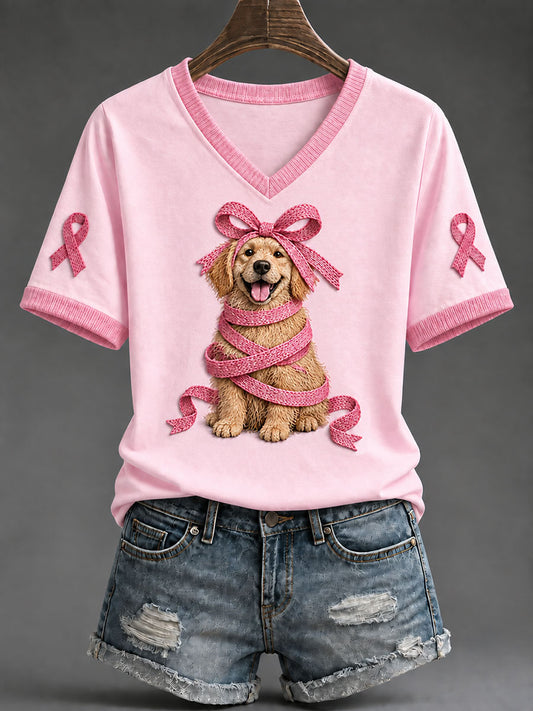 T-shirt Décontracté Femme Ruban Rose Imprimé Golden Retriever