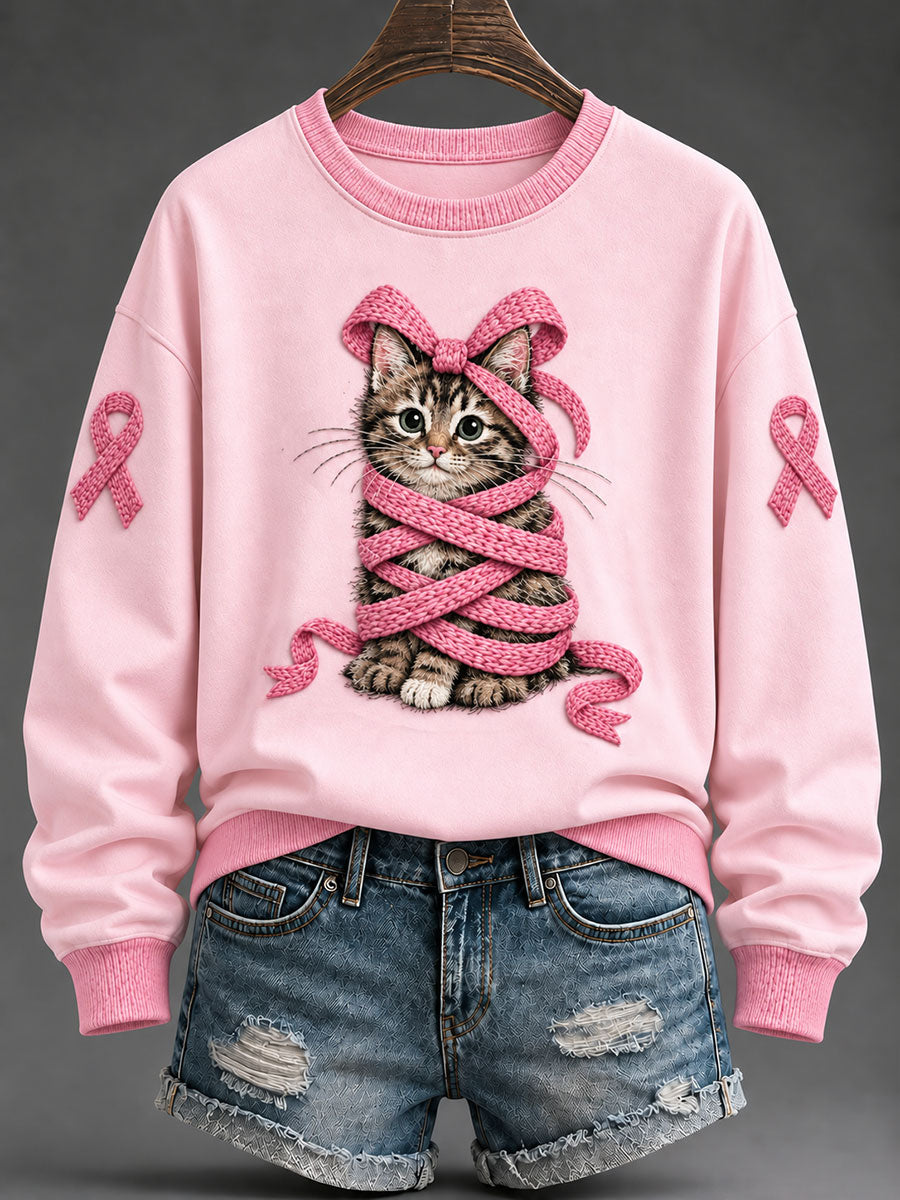 Sweatshirt Femme Rose Ruban Tabby Chat Imprimé Décontracté Régulier