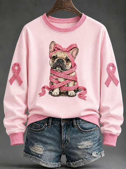 Femmes Rose Ruban Bouledogue Français Imprimer Casual Regular Sweatshirt