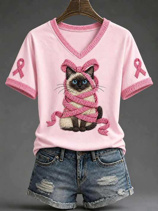 T-shirt décontracté imprimé chat siamois à ruban rose pour femme