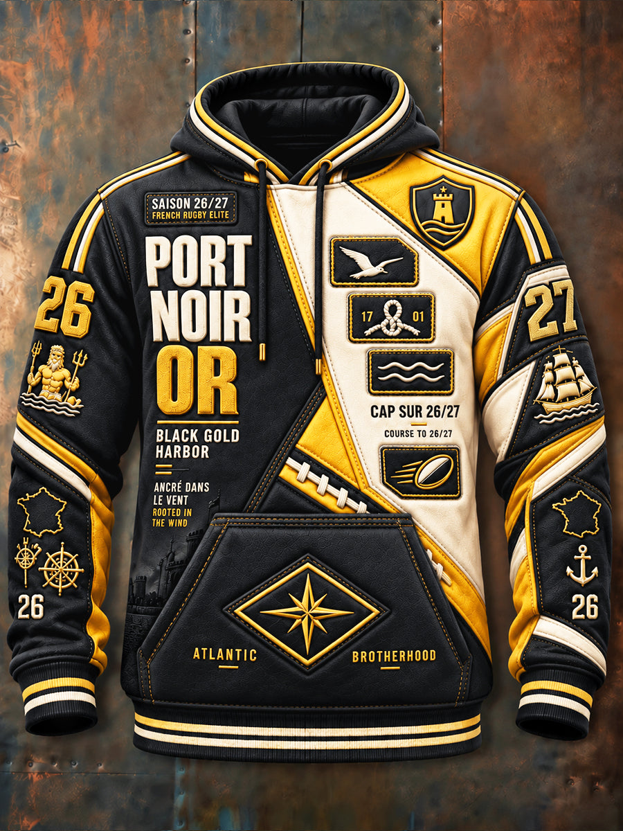 Sweat-shirt décontracté à capuche pour homme, motif patchwork, équipe de rugby française La Rochelle