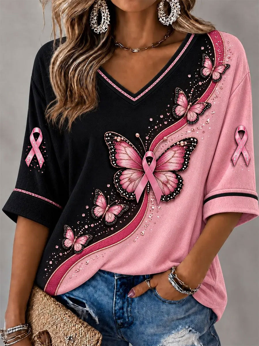 T-shirt col en V à manches mi-longues papillon rose pour femmes