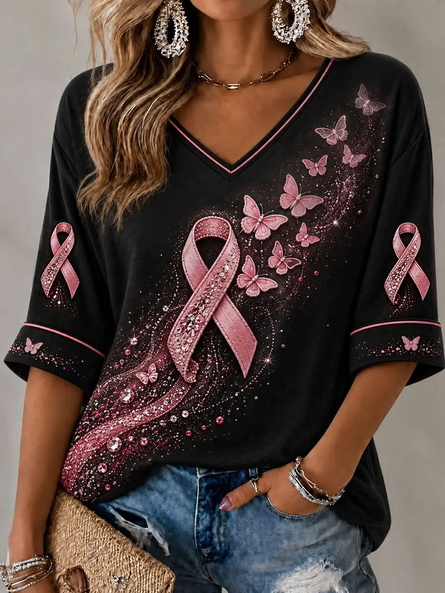 T-shirt femme à manches mi-longues et col en V, motif papillon rose, pour la lutte contre le cancer du sein