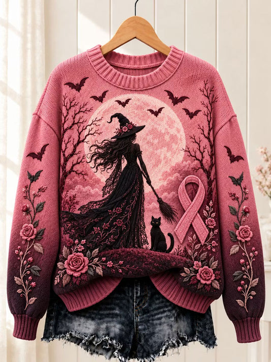 Pull à col rond pour femmes, motif sorcière d'Halloween, sensibilisation au cancer du sein