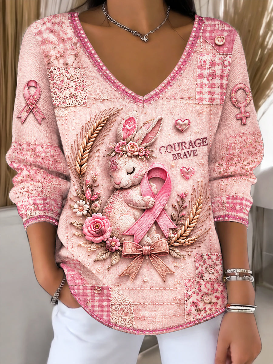 Femmes Rose Français Sensibilisation Au Cancer Du Sein Mignon Lapin Imprimé Casual Col En V Top
