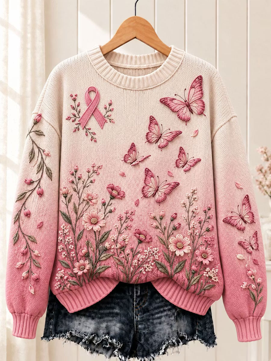Pull Femme Rose Papillon Ras Du Cou Cancer Du Sein