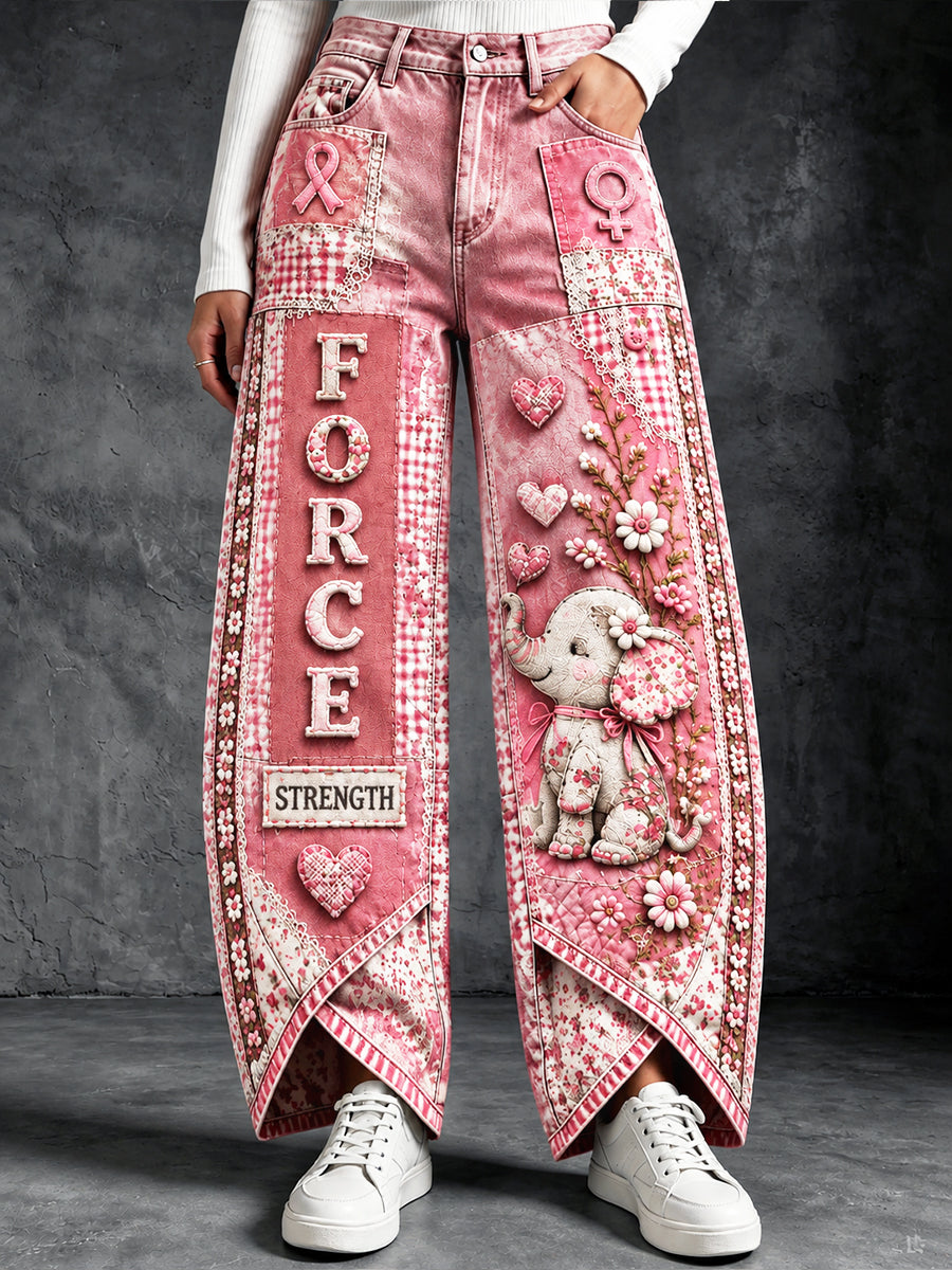 Pantalon décontracté rose pour femme, imprimé patchwork français sur le thème du cancer du sein