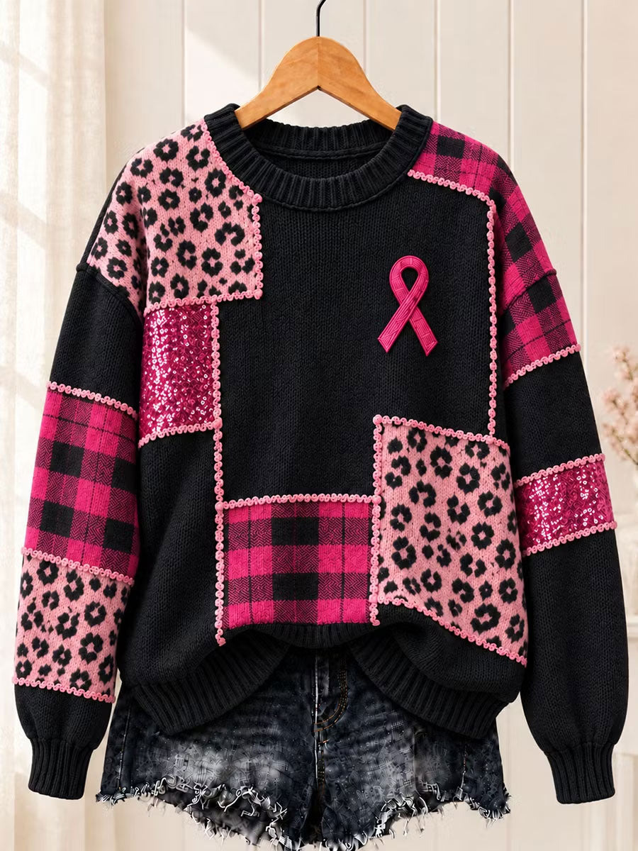 Pull col rond rose ruban pour femme Breast Cancer