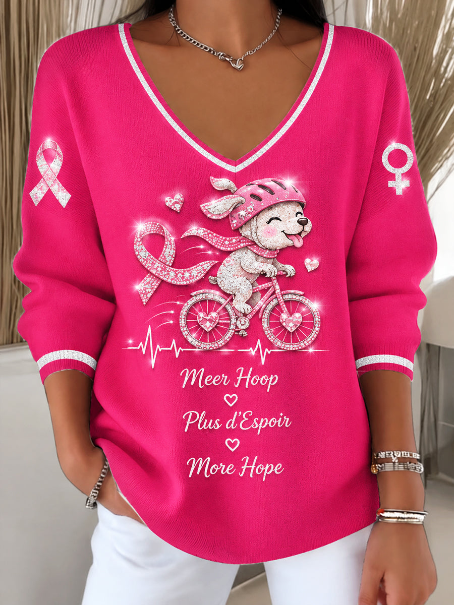 Haut décontracté à col en V à imprimé mignon de style français rose pour femmes pour la sensibilisation au cancer du sein