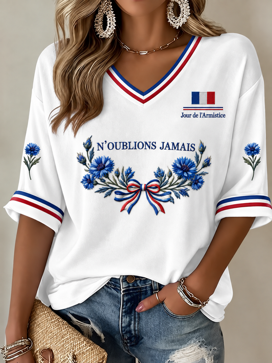T-shirt col V à manches mi-longues imprimé N'OUBLIONS JAMAIS