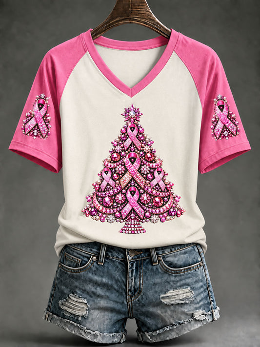 Femmes sensibilisation au cancer du sein ruban rose arbre de Noël v-cou T-shirt